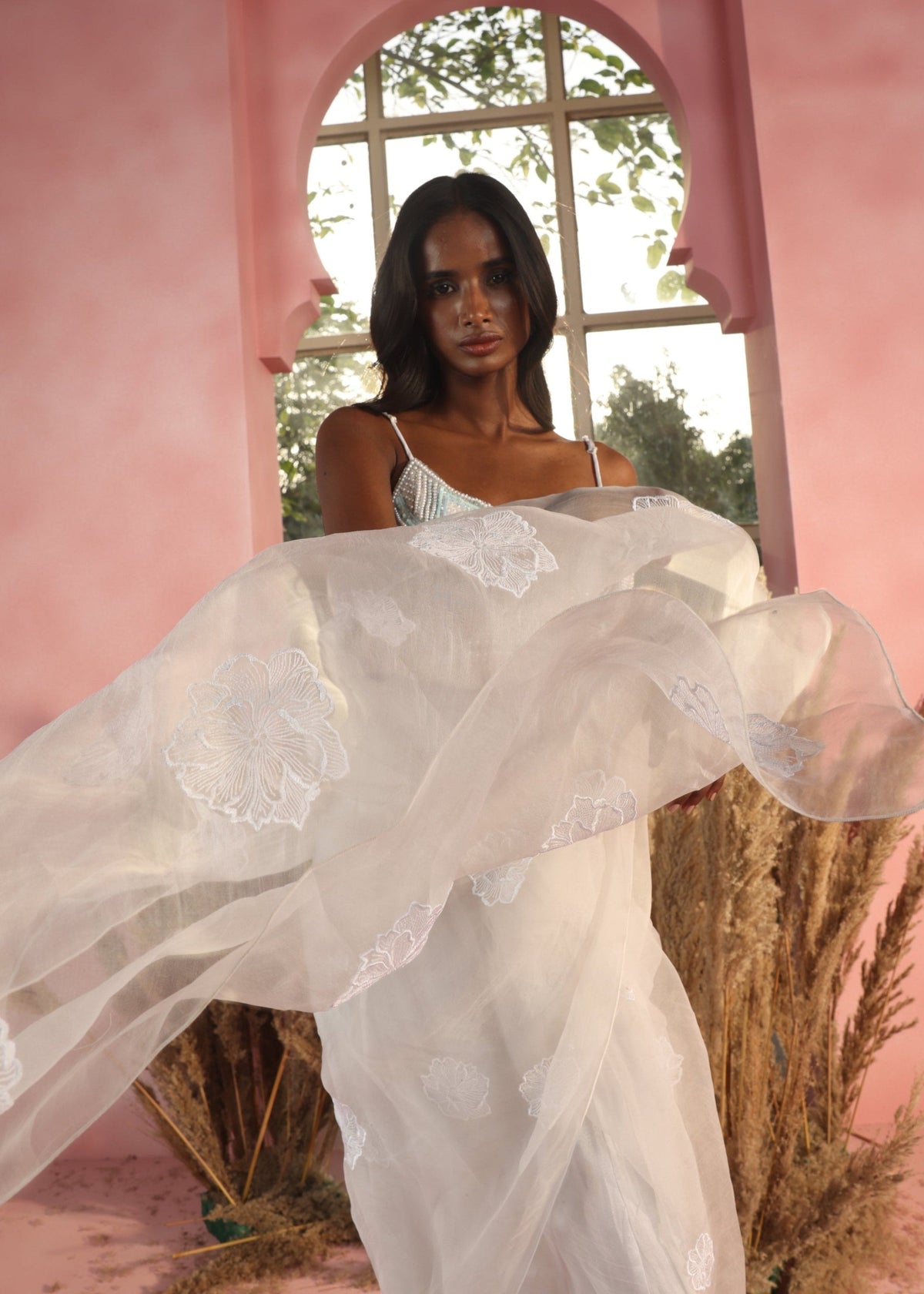 Aarna White Embroidered Organza Pre-Stitched Saree
