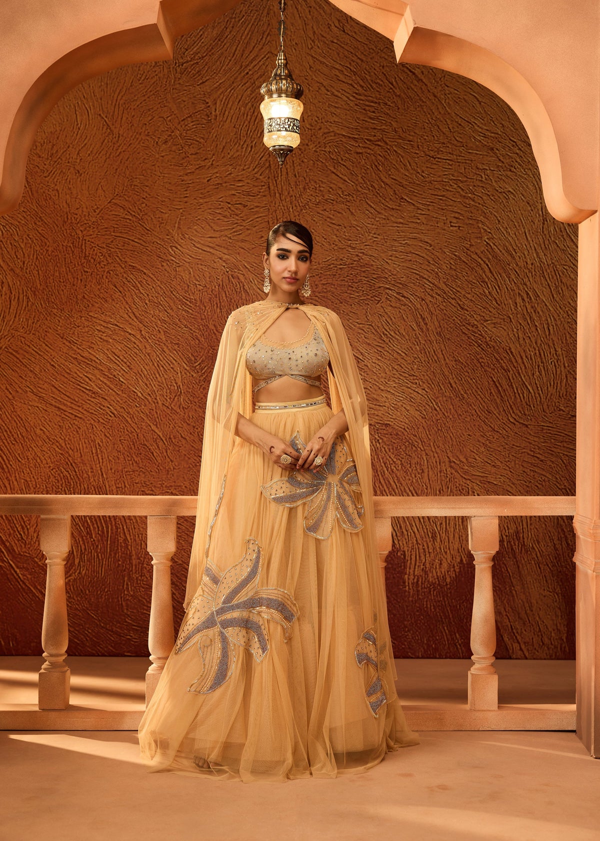 Aavani Gold Floral Embroidered Lehenga with Twisted Dupatta