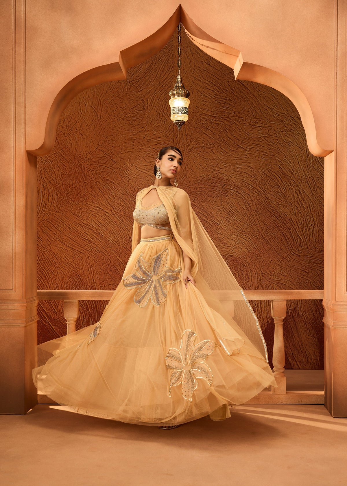 Aavani Gold Floral Embroidered Lehenga with Twisted Dupatta