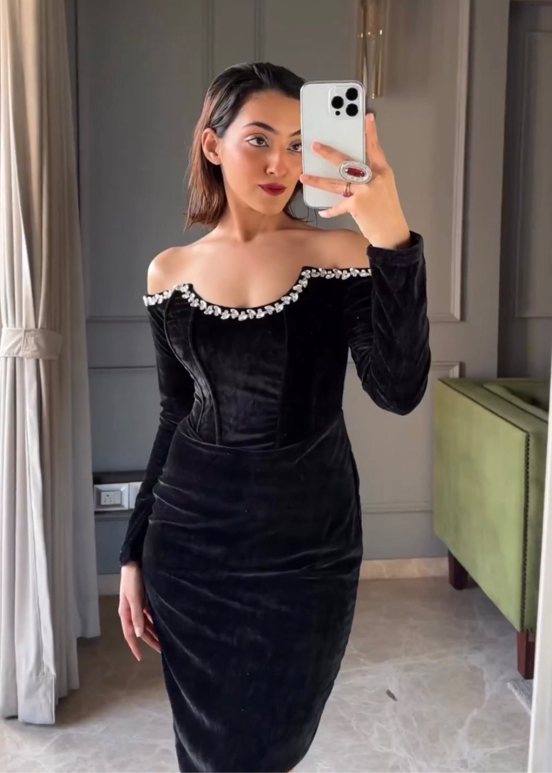Adele Black Velvet Corset Rhinestone Dress CL