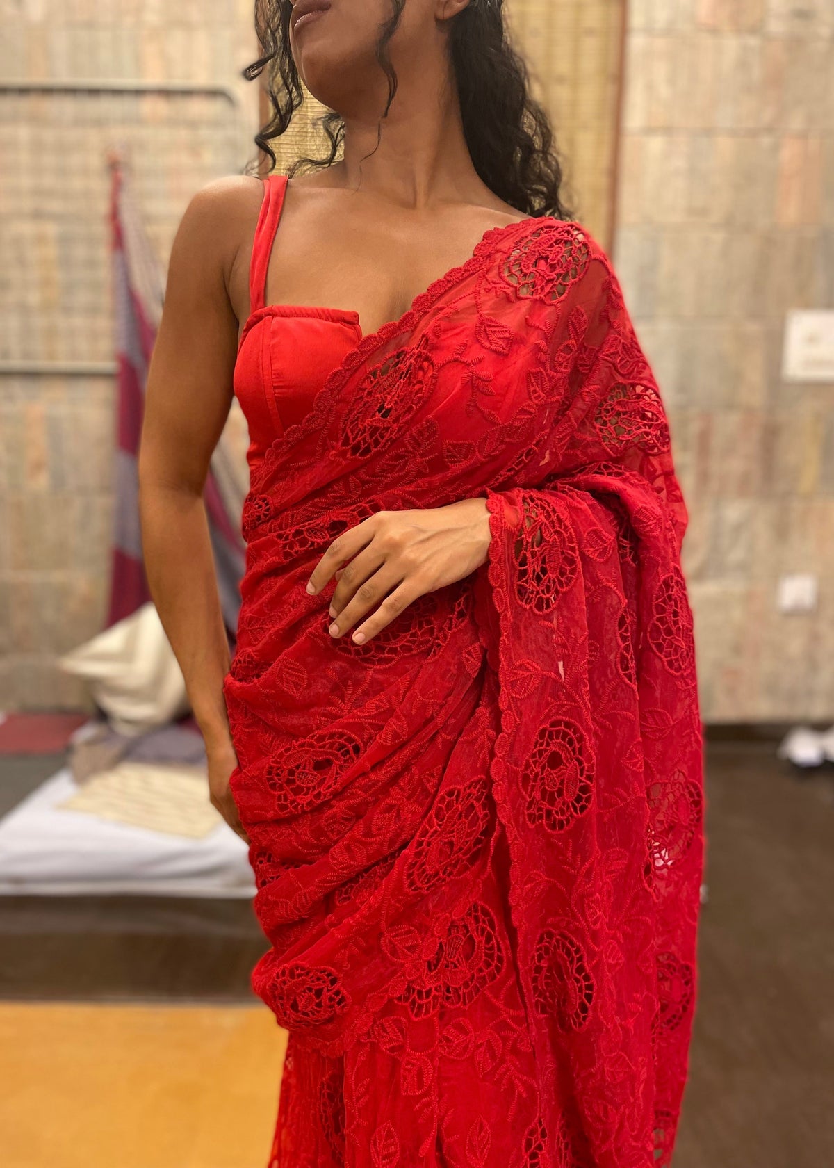 Aiza Red Floral Embroidered Pre-Stitched Saree