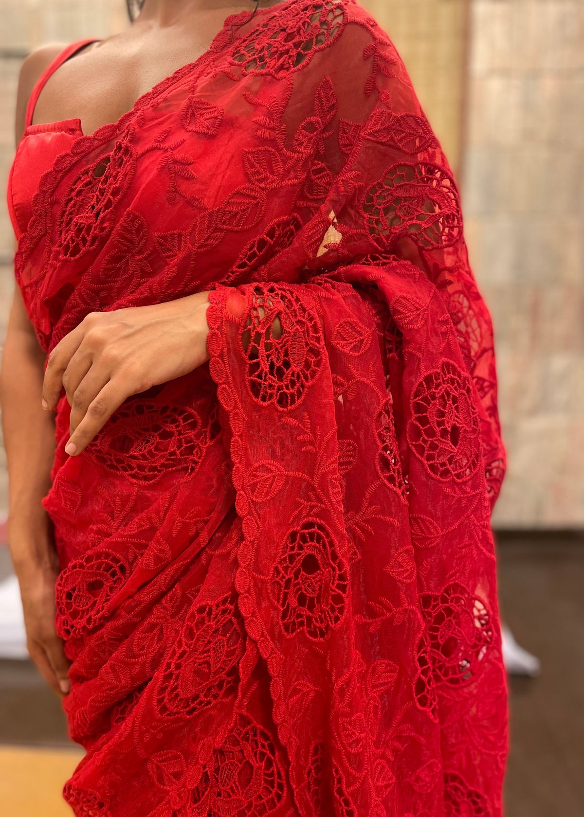 Aiza Red Floral Embroidered Pre-Stitched Saree