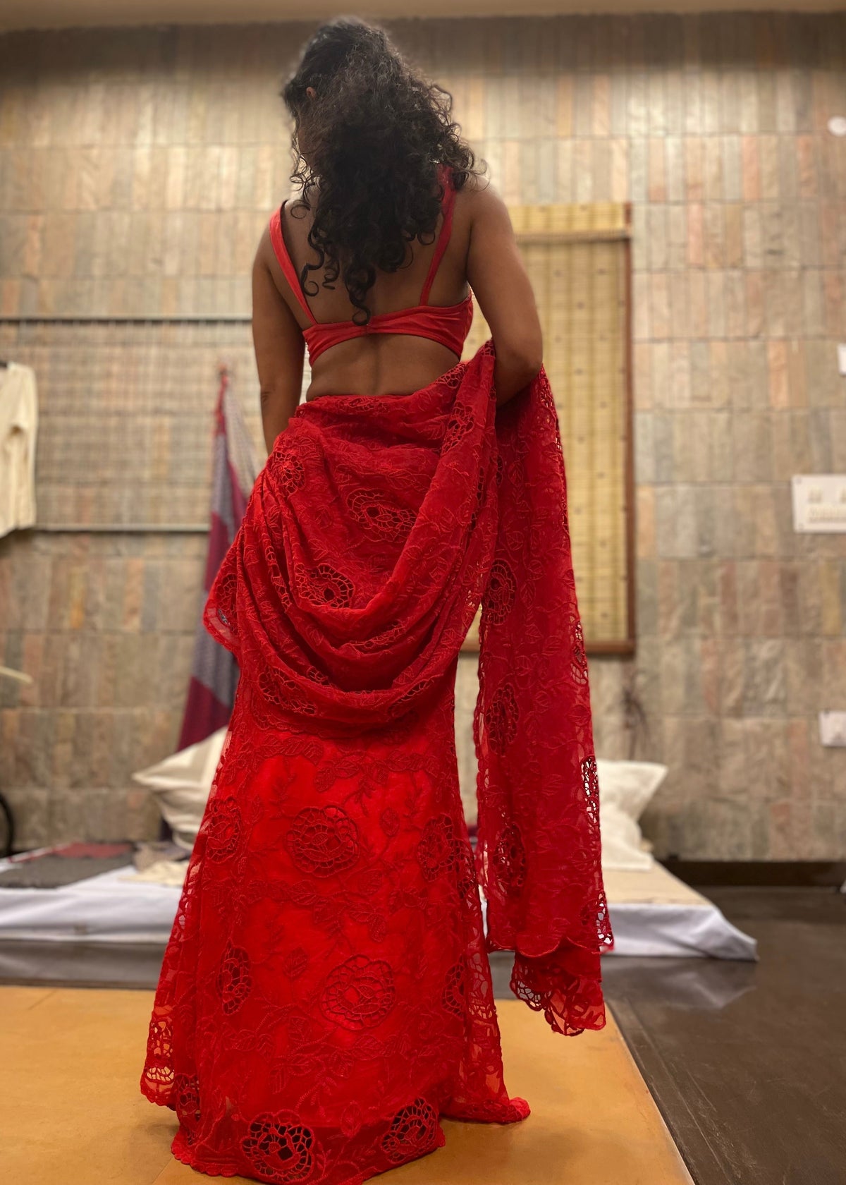 Aiza Red Floral Embroidered Pre-Stitched Saree