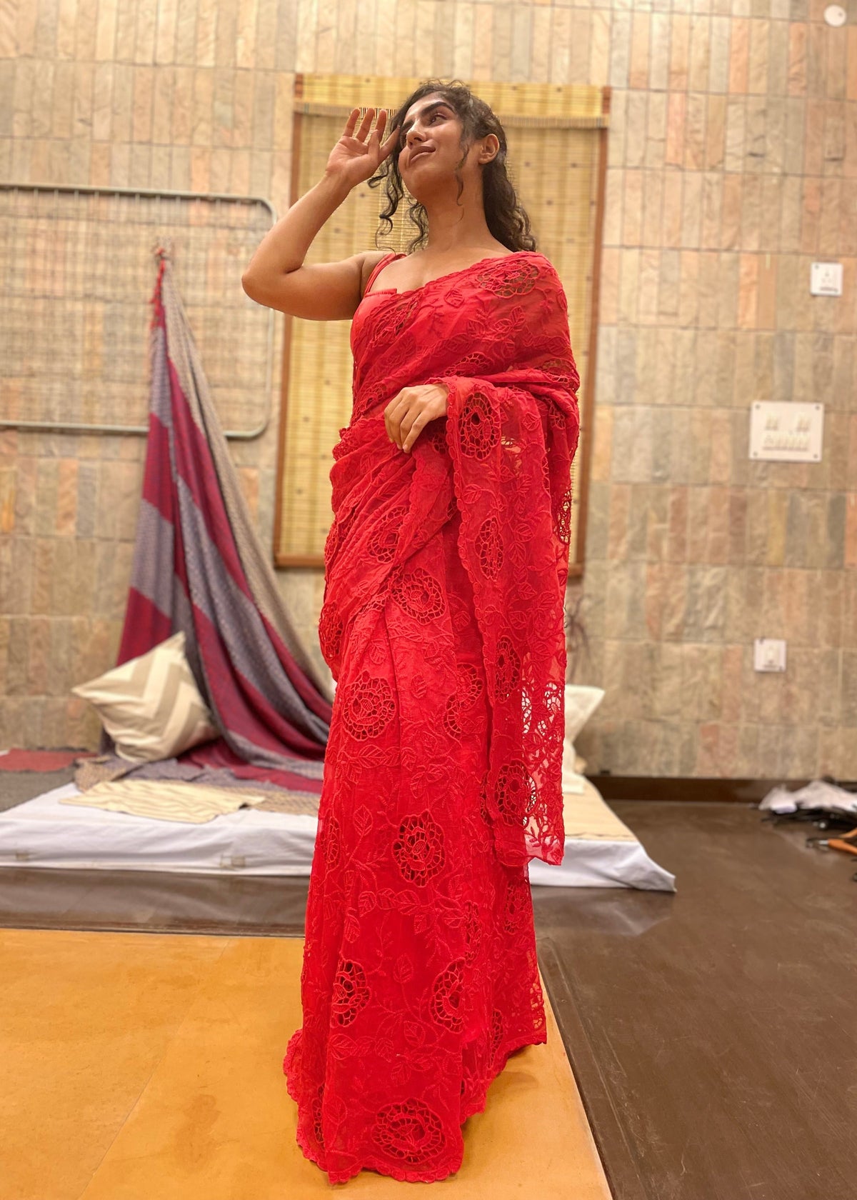Aiza Red Floral Embroidered Pre-Stitched Saree