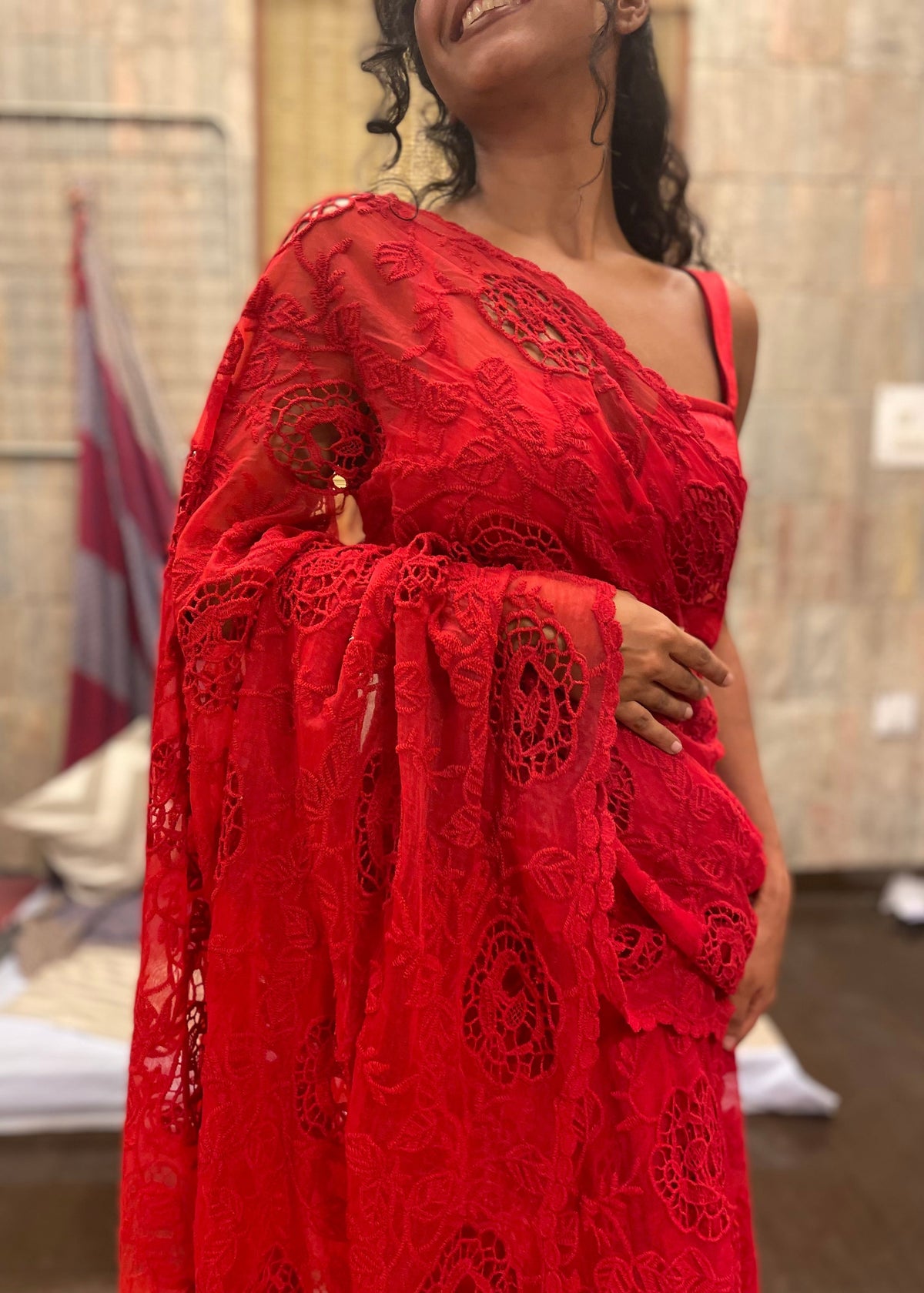 Aiza Red Floral Embroidered Pre-Stitched Saree