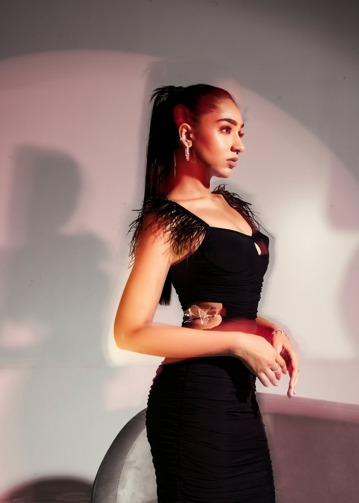 Alana Black Feather + Rhinestone Ruched Midi Dress
