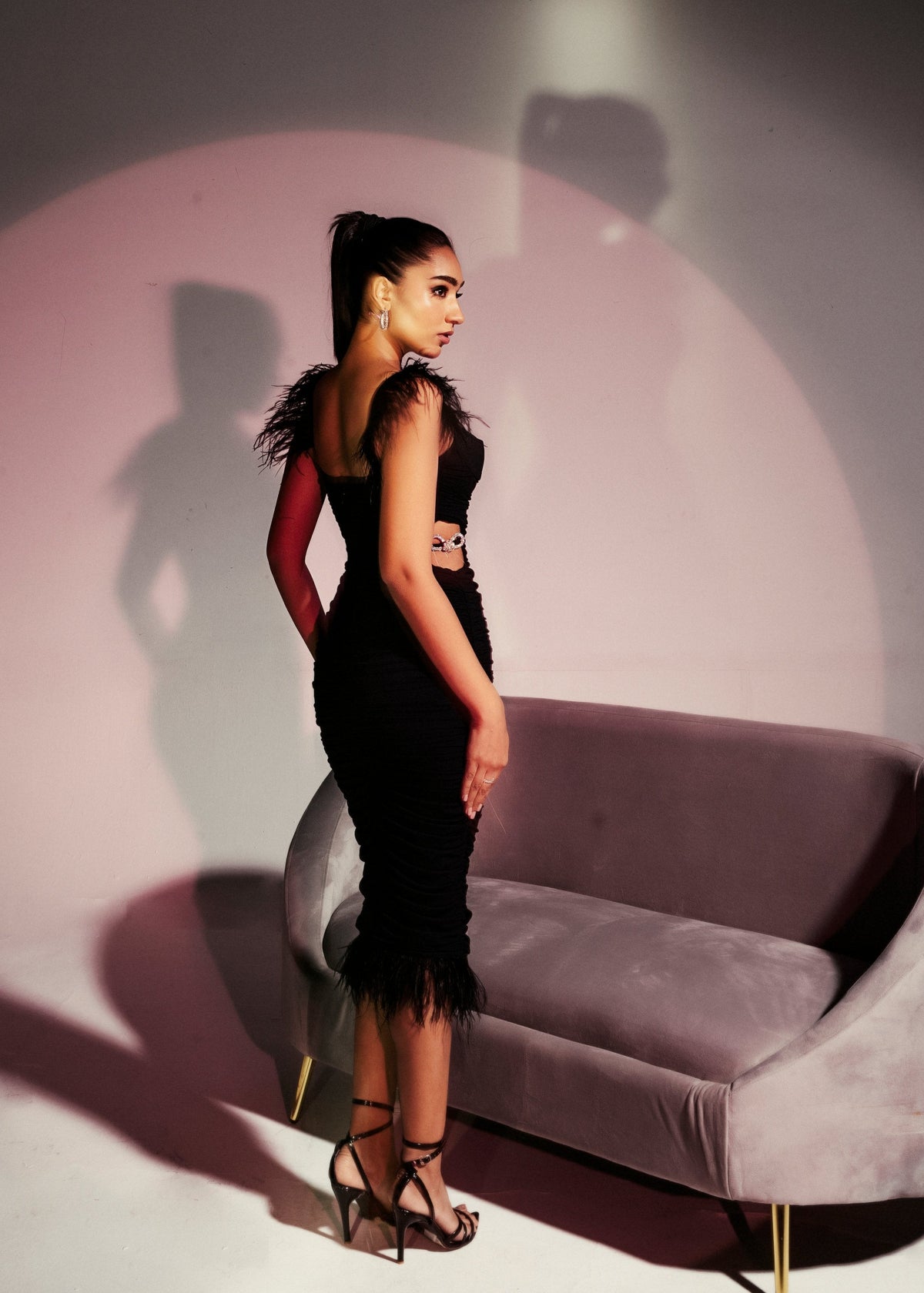 Alana Black Feather + Rhinestone Ruched Midi Dress