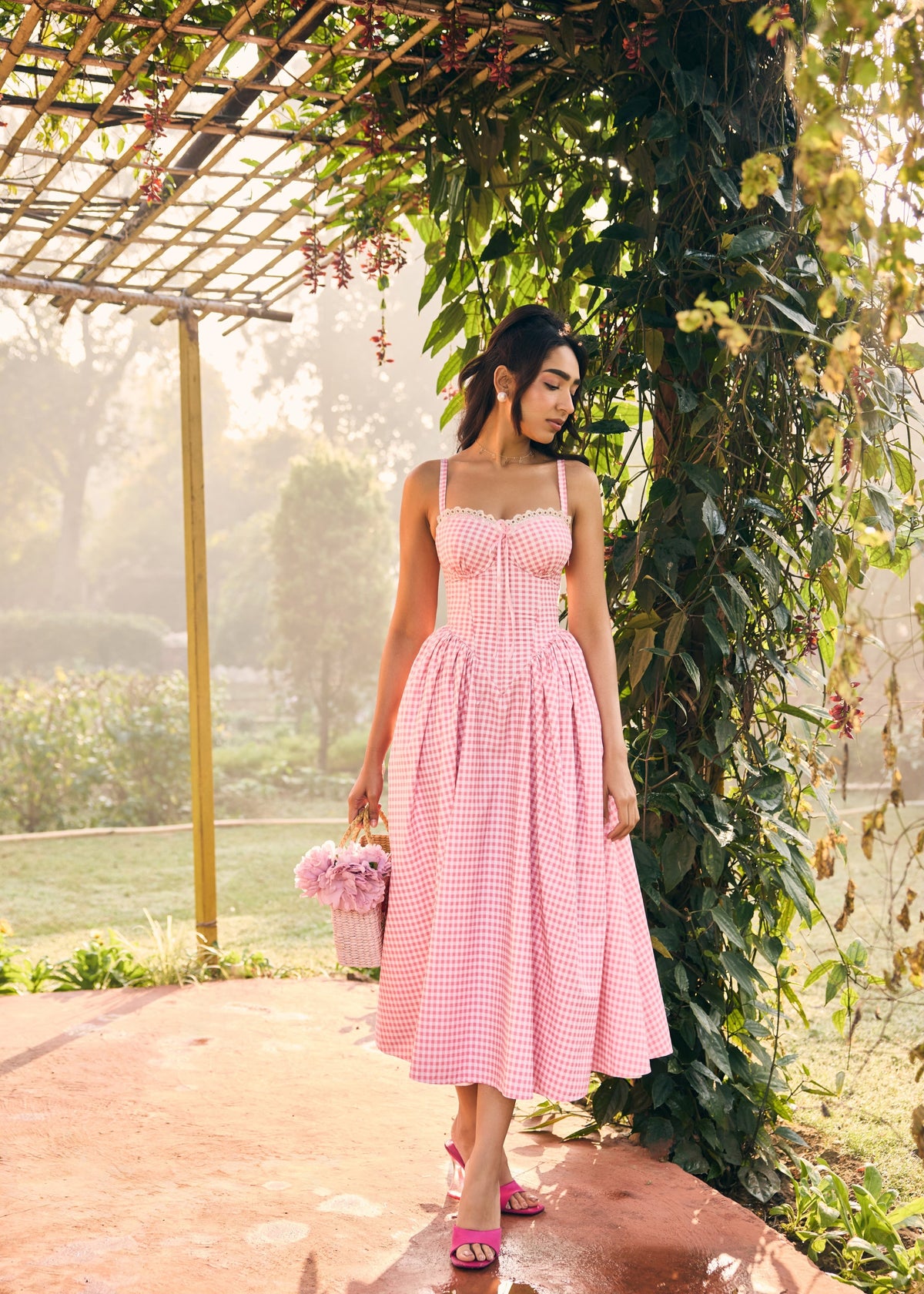 Alaya Pink and White Midi Corset Dress