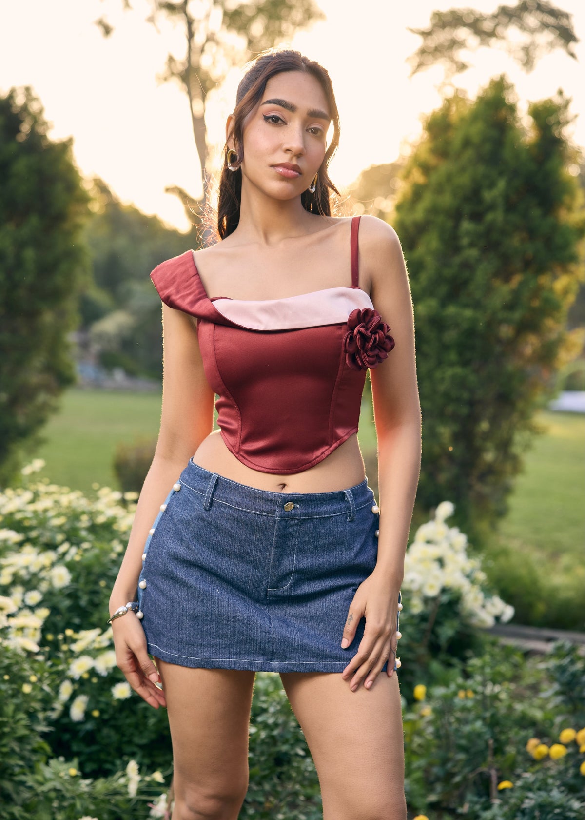 Zelda Red Corset Top with Rose Accent