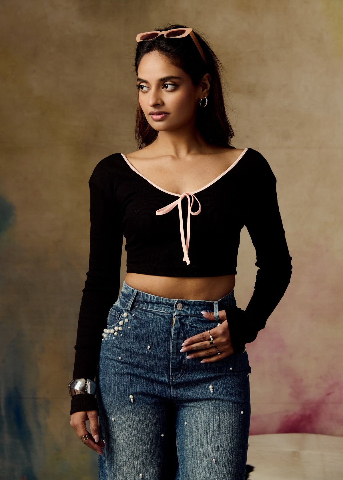 Aldora Black Crop Top with Bow CL