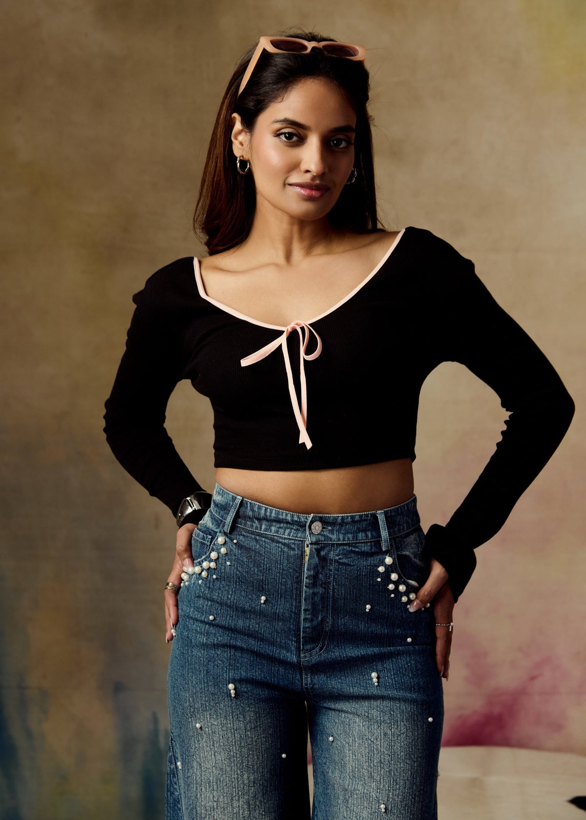 Aldora Black Crop Top with Bow CL