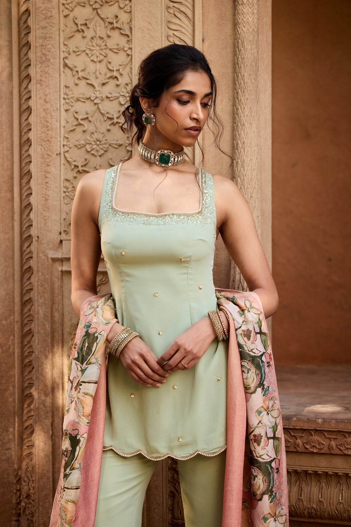 Adara Pastel Green Chanderi Sharara Set