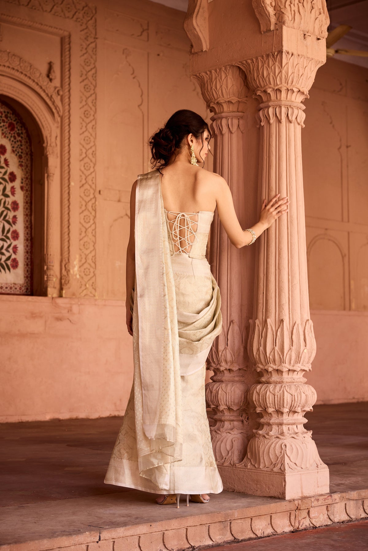 Zaida Gold Banarasi Pre-Draped Saree Set