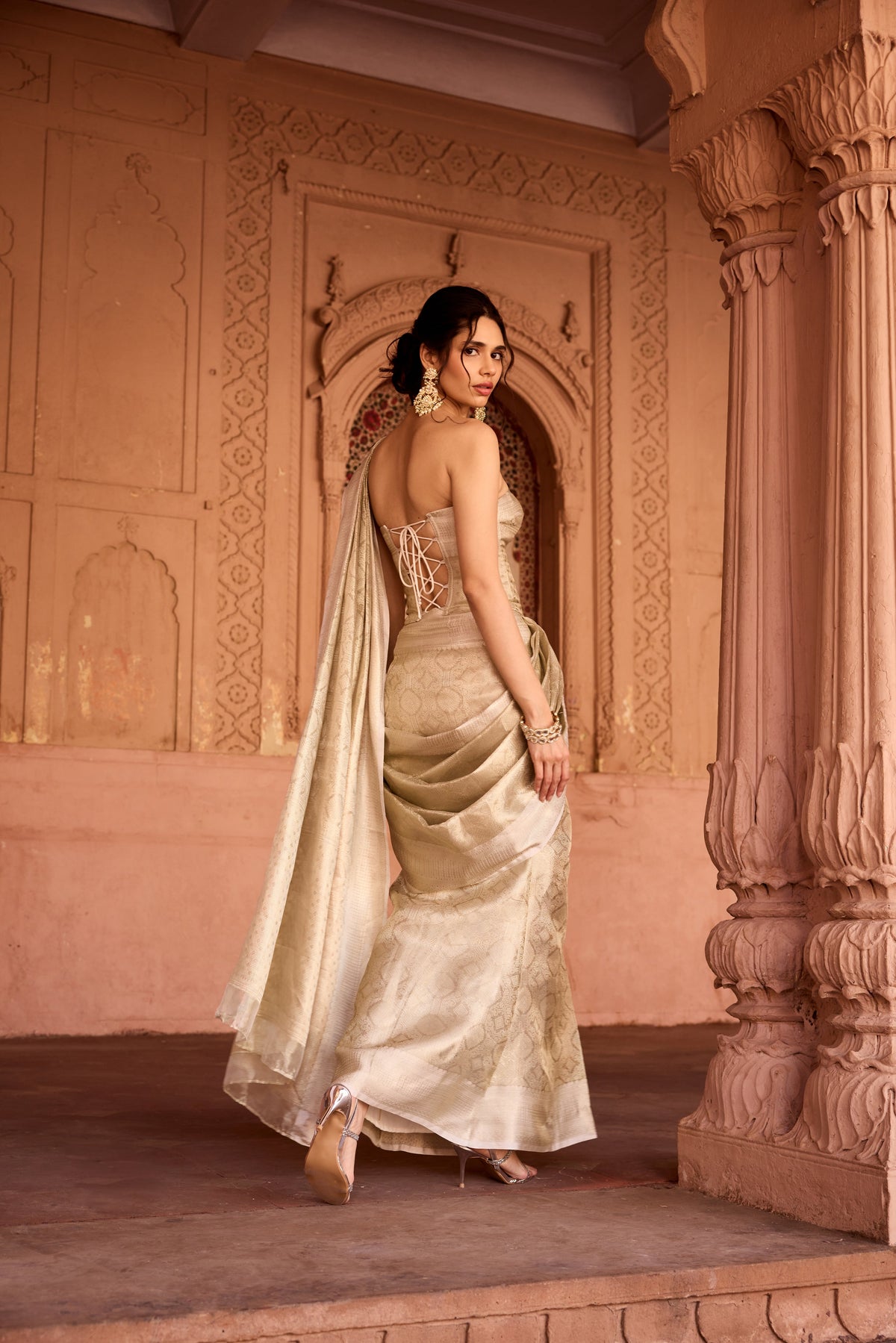 Zaida Gold Banarasi Pre-Draped Saree Set