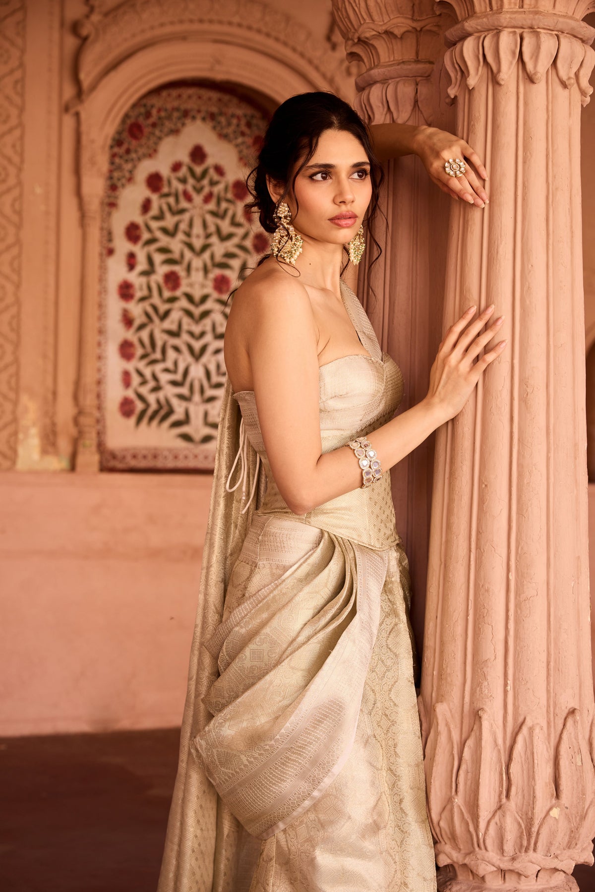 Zaida Gold Banarasi Pre-Draped Saree Set