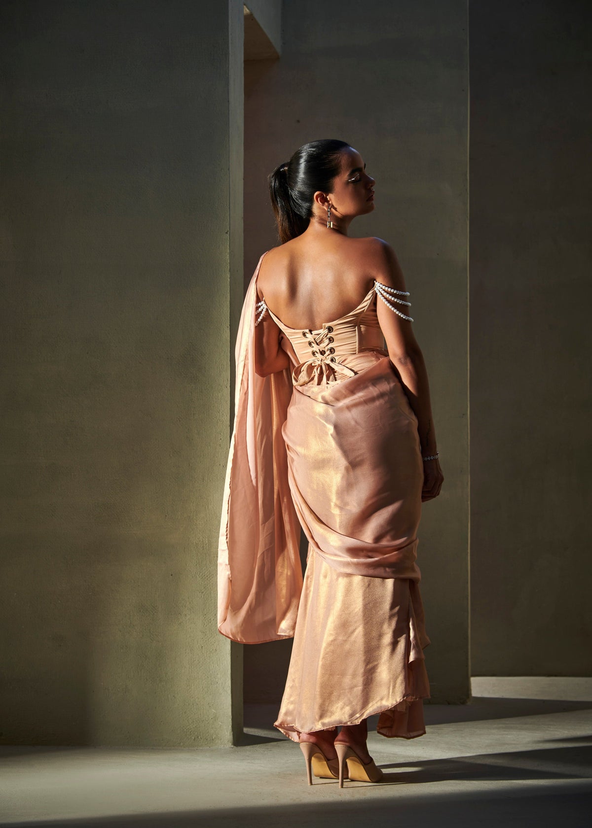 Zaina Rose-Gold Metallic Georgette Draped Saree