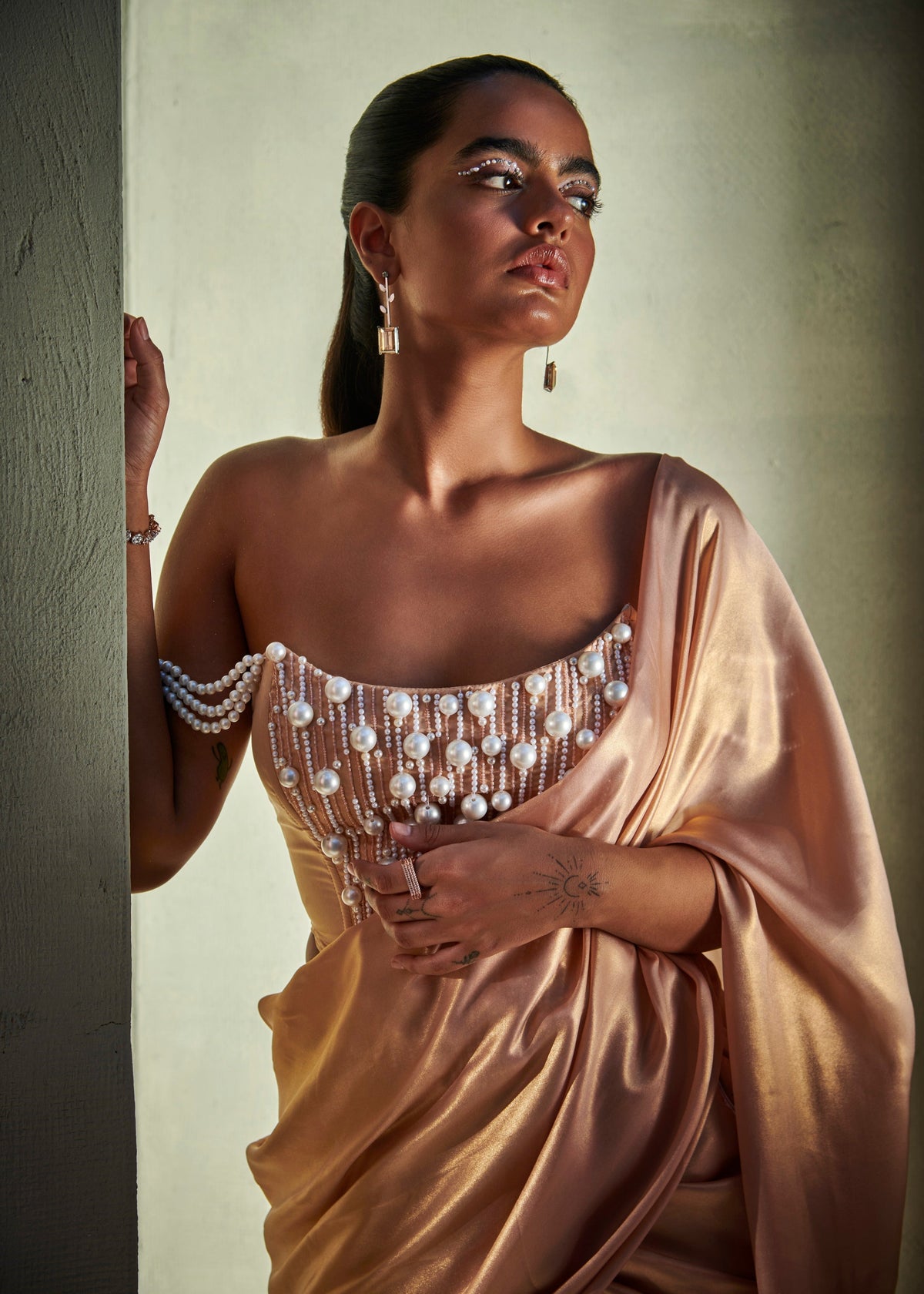 Zaina Rose-Gold Metallic Georgette Draped Saree