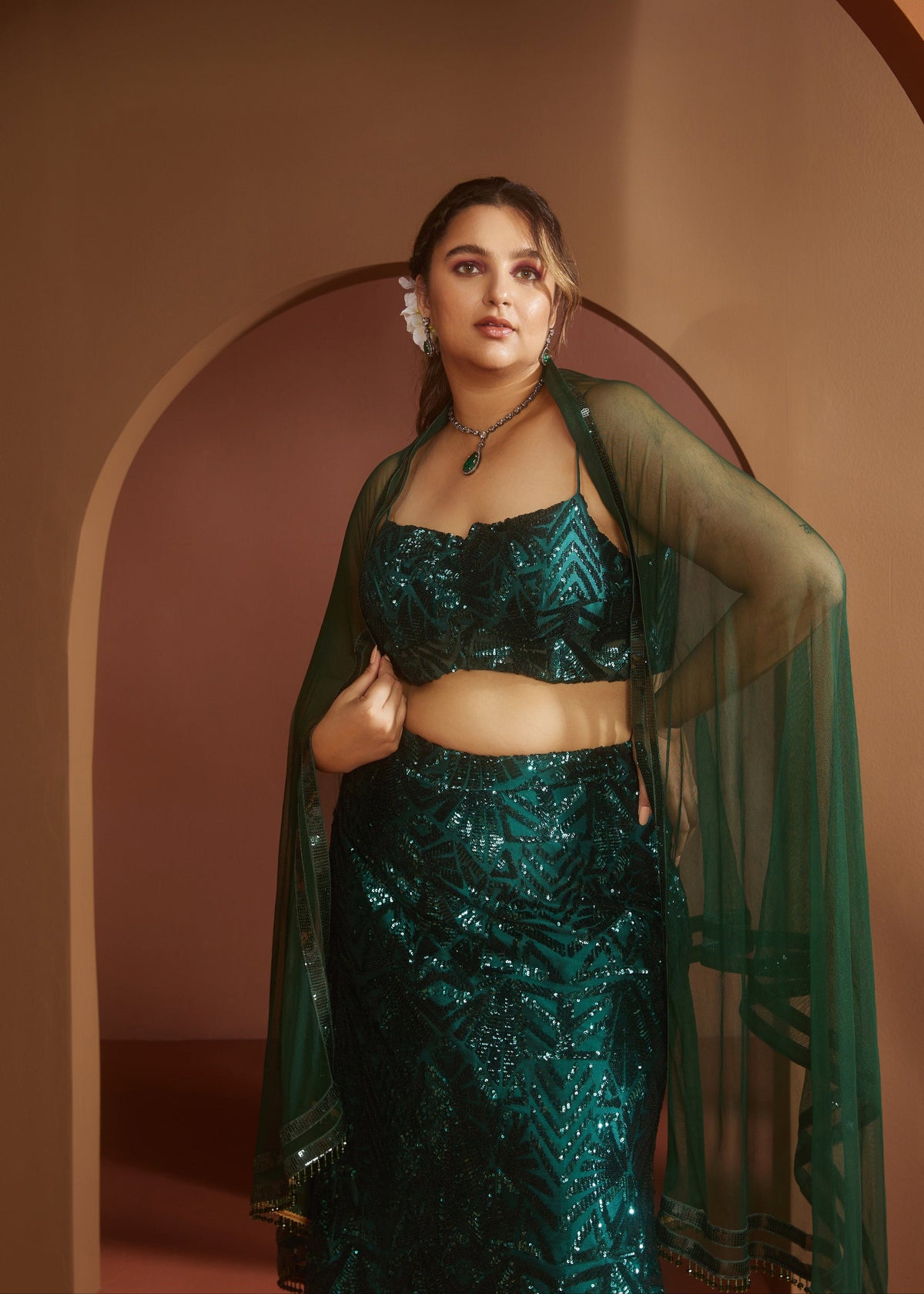 Zaitra Emerald Green Sequin Lehenga
