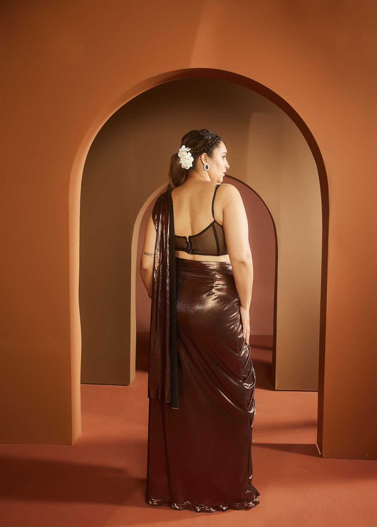 Zara Brown Metallic Pre-Draped Saree Set