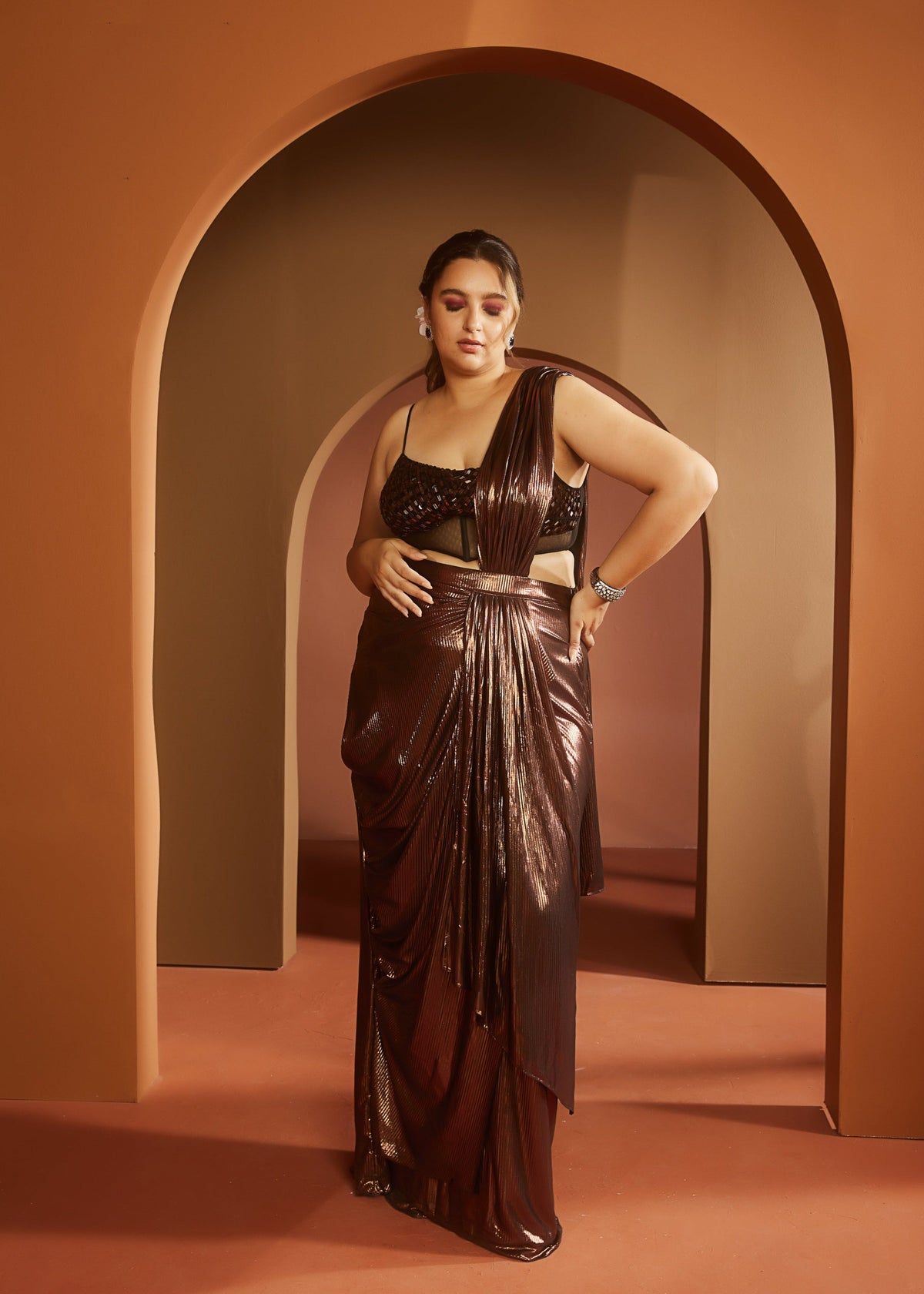 Zara Brown Metallic Pre-Draped Saree Set