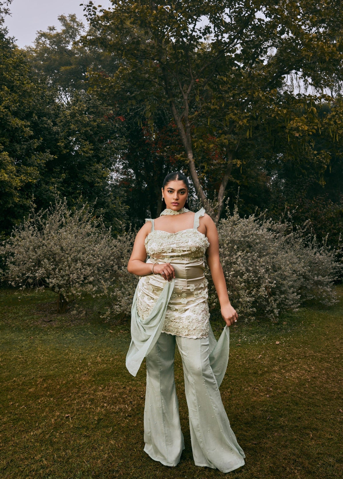 Zarna 3-D Flower Hand-Embroidered Satin & Chiffon Sharara Set