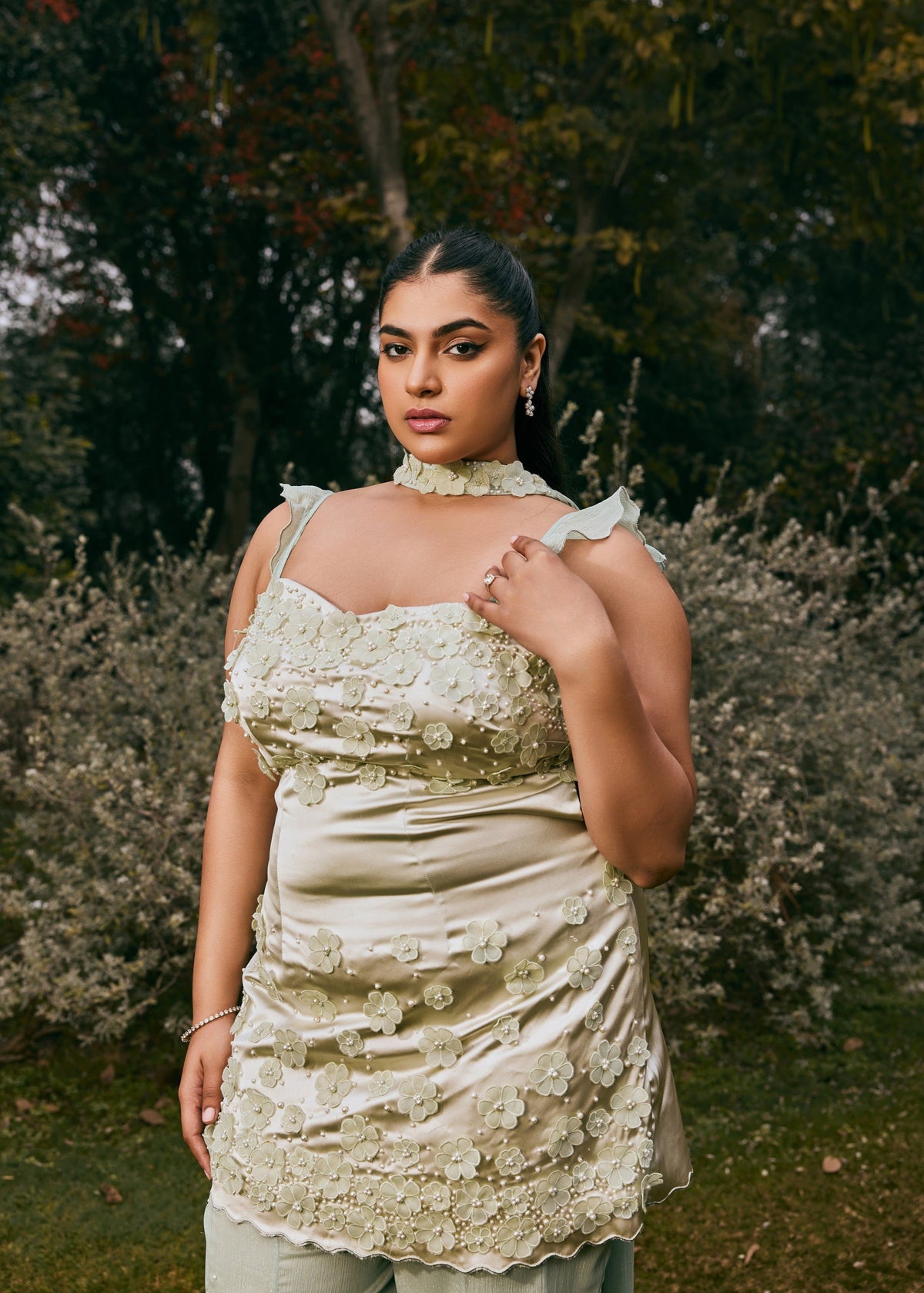 Zarna 3-D Flower Hand-Embroidered Satin & Chiffon Sharara Set