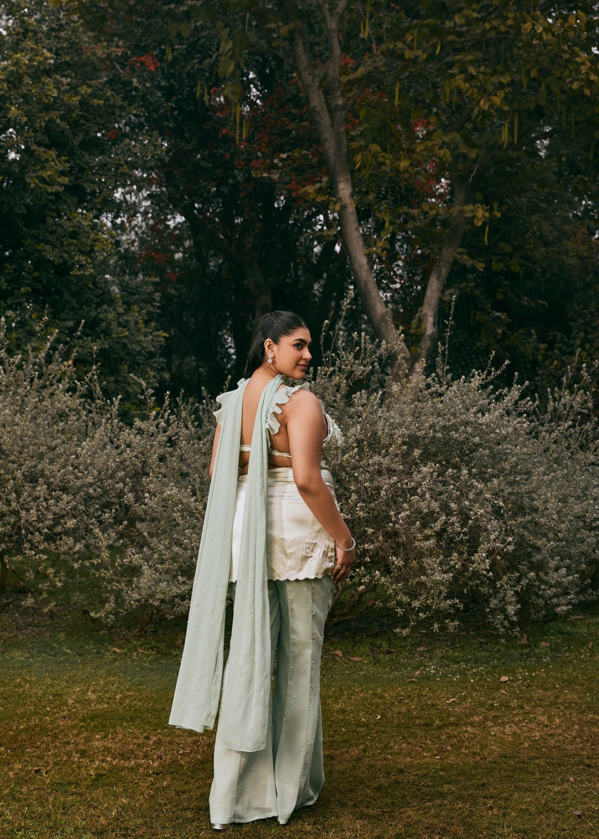 Zarna 3-D Flower Hand-Embroidered Satin & Chiffon Sharara Set