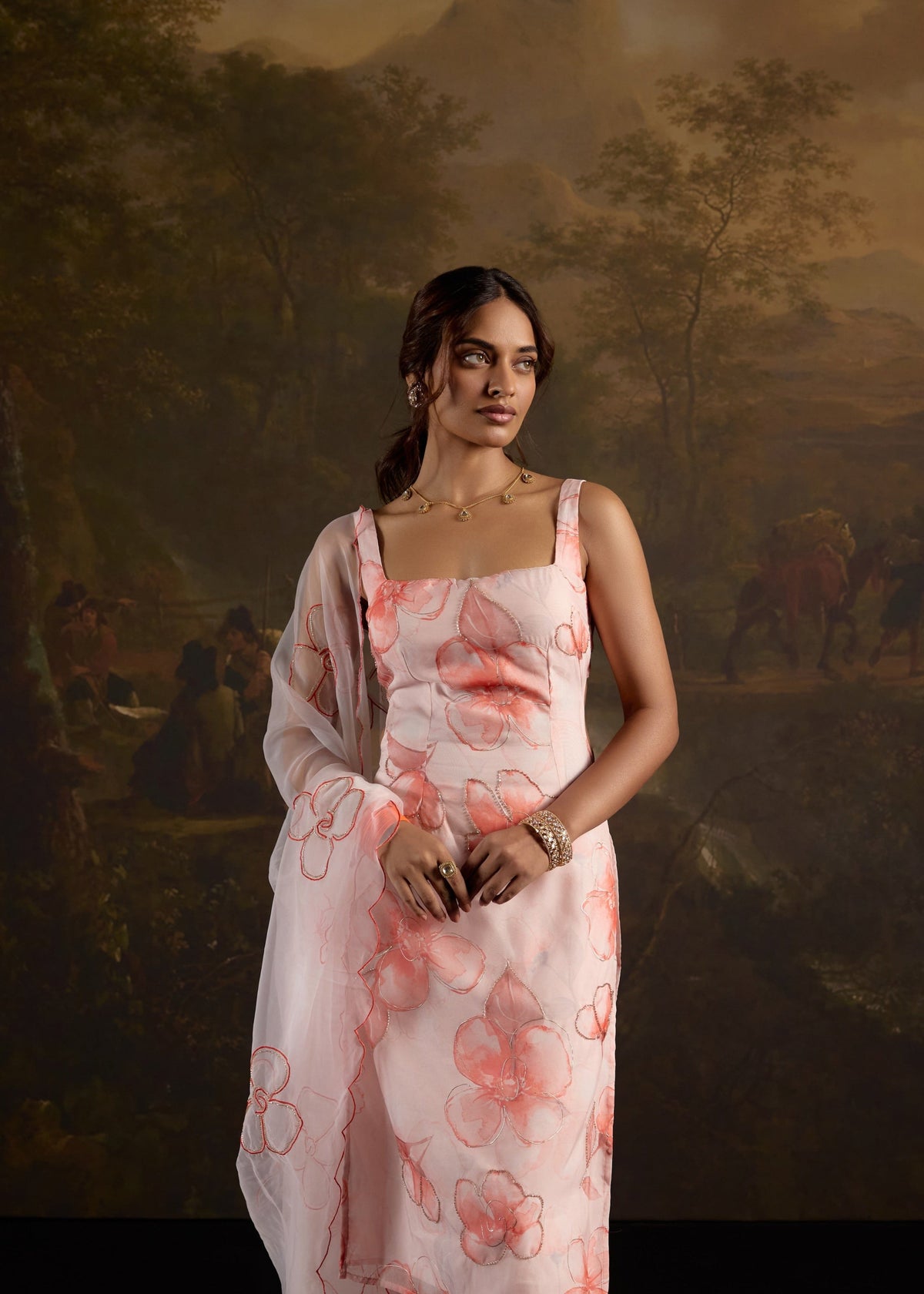 Zayra Pink Floral Print Embellished Straight Kurta Set