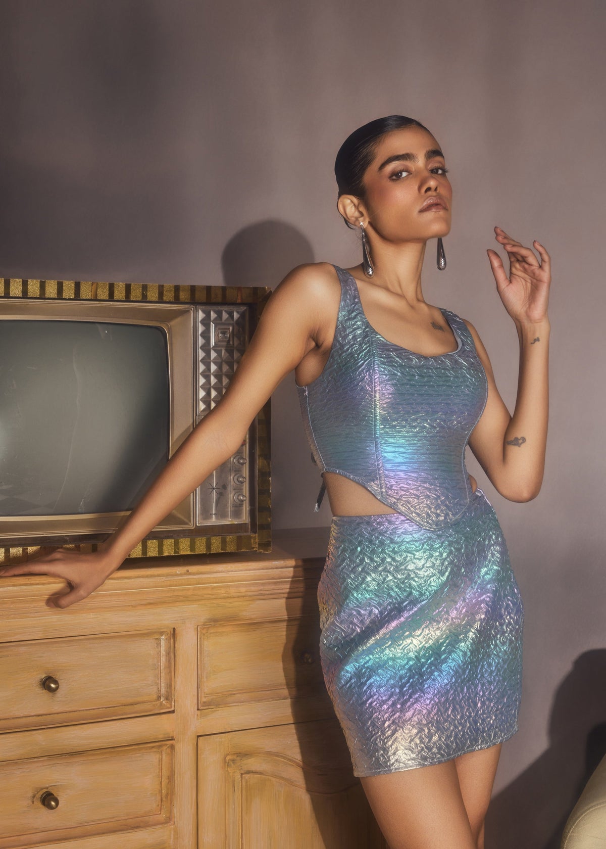 Zola Rainbow Holographic Corset and Mini Skirt Set