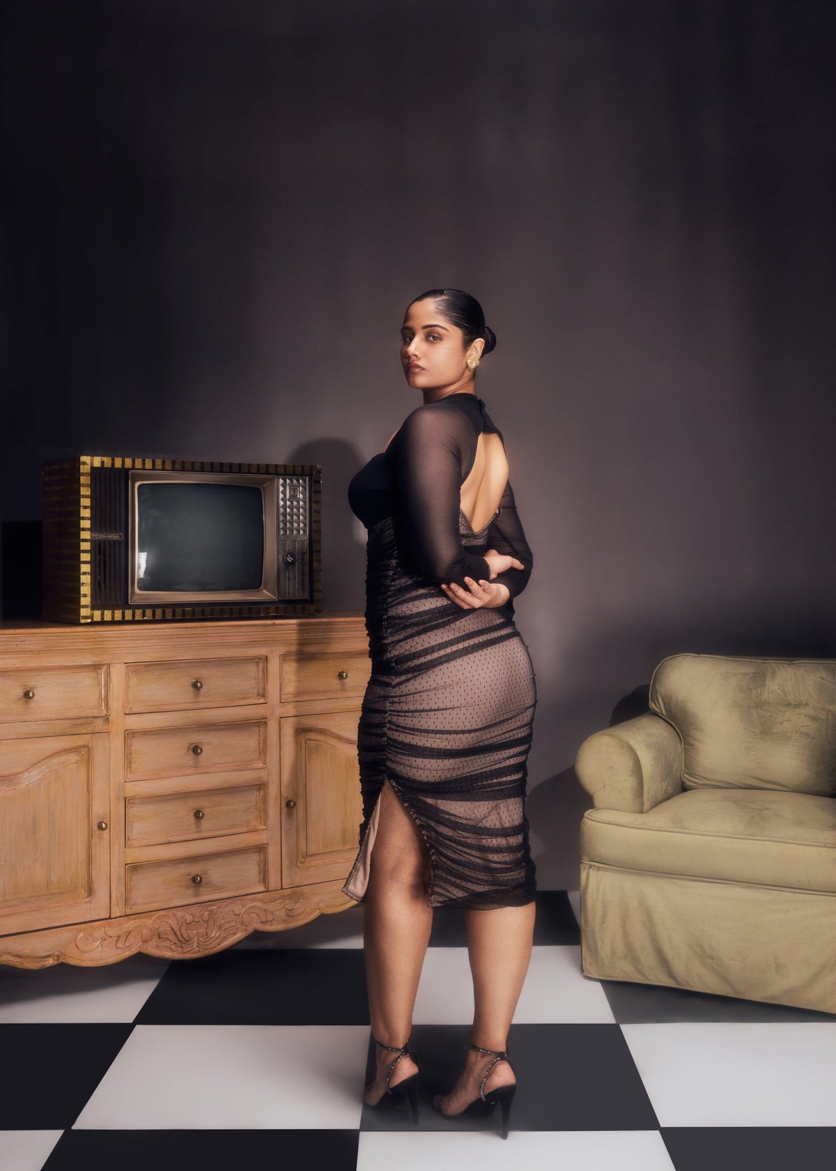 Zorina Sheer Ruched Mesh Bodycon DressCL