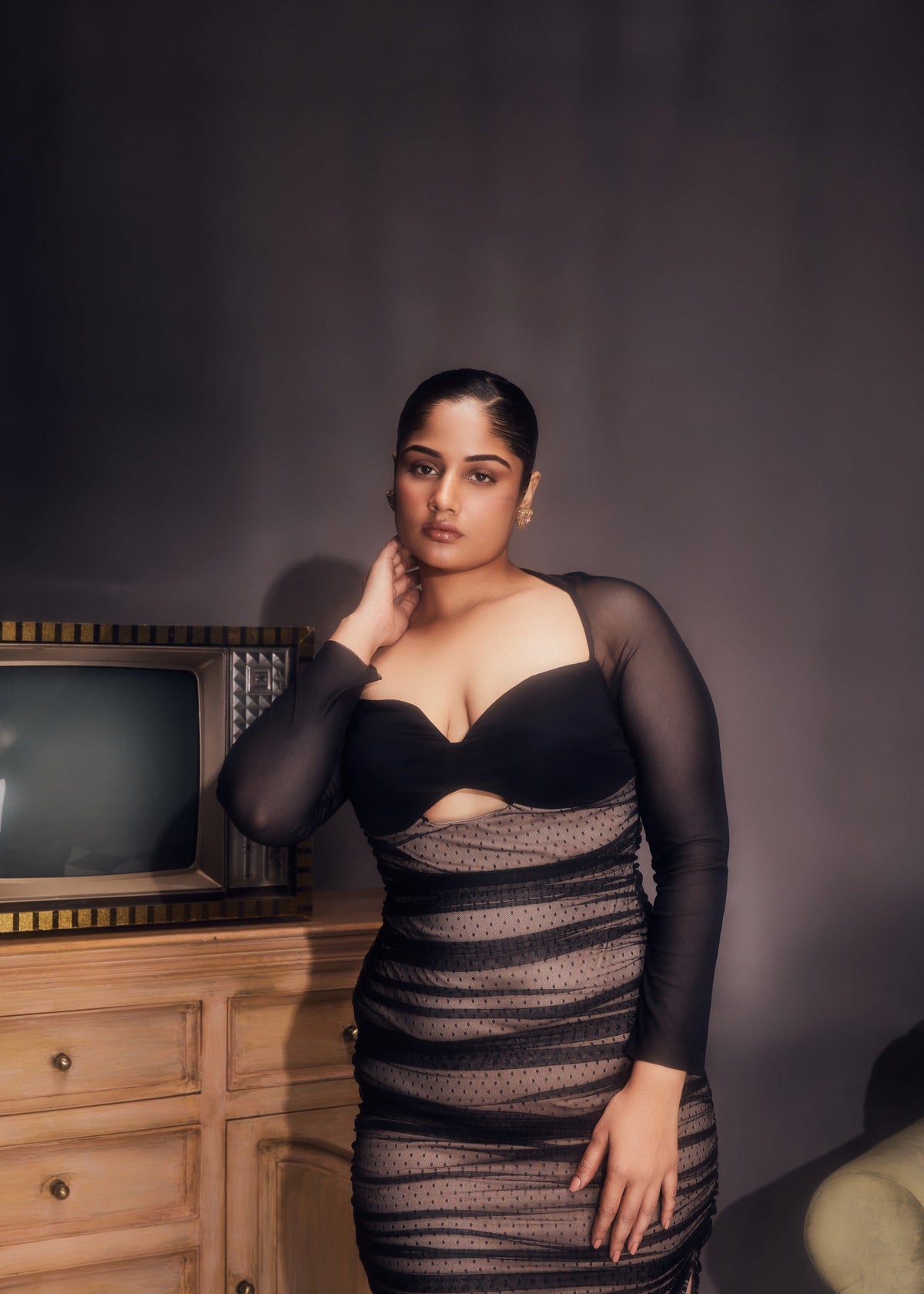 Zorina Sheer Ruched Mesh Bodycon DressCL