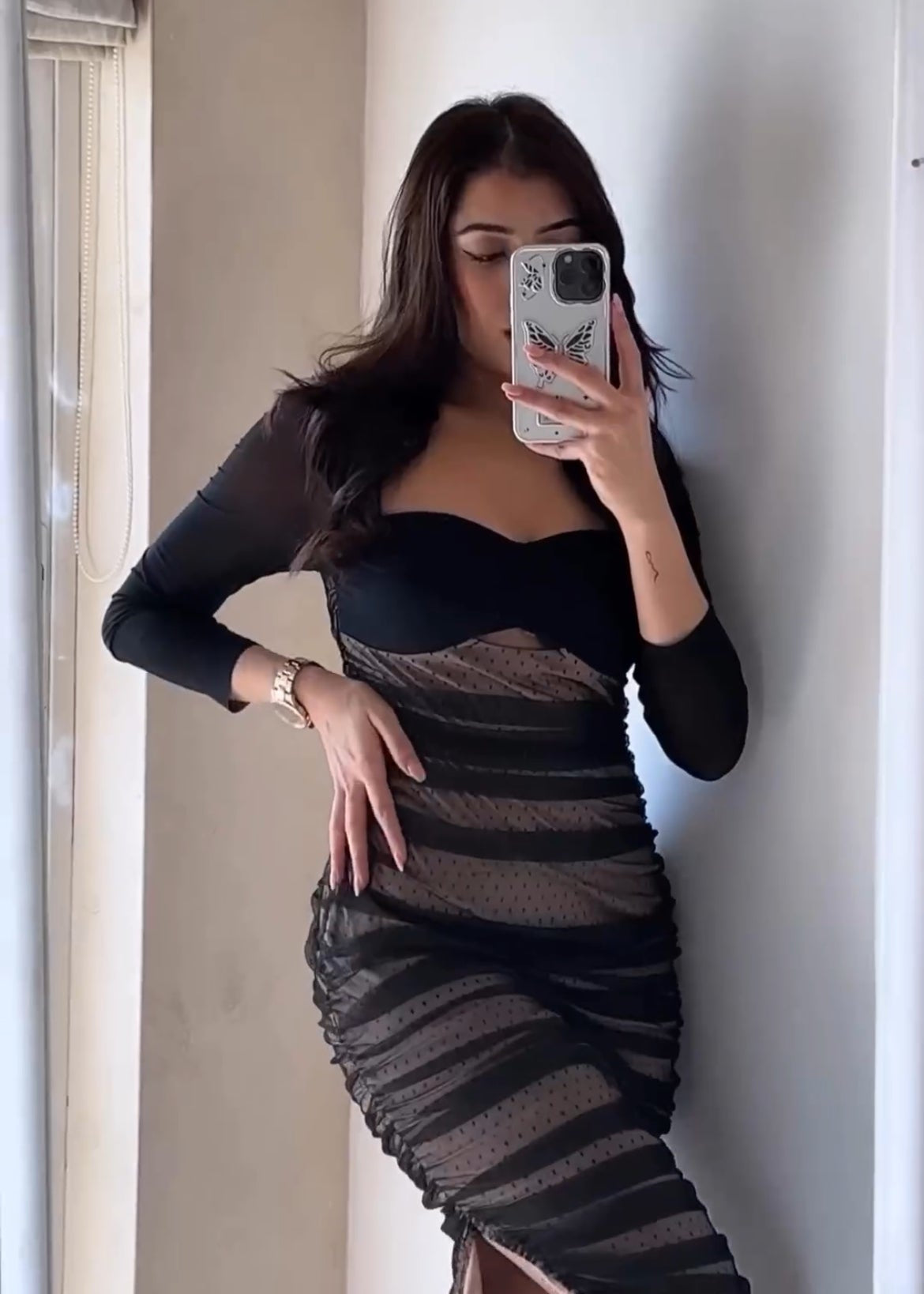 Zorina Sheer Ruched Mesh Bodycon DressCL