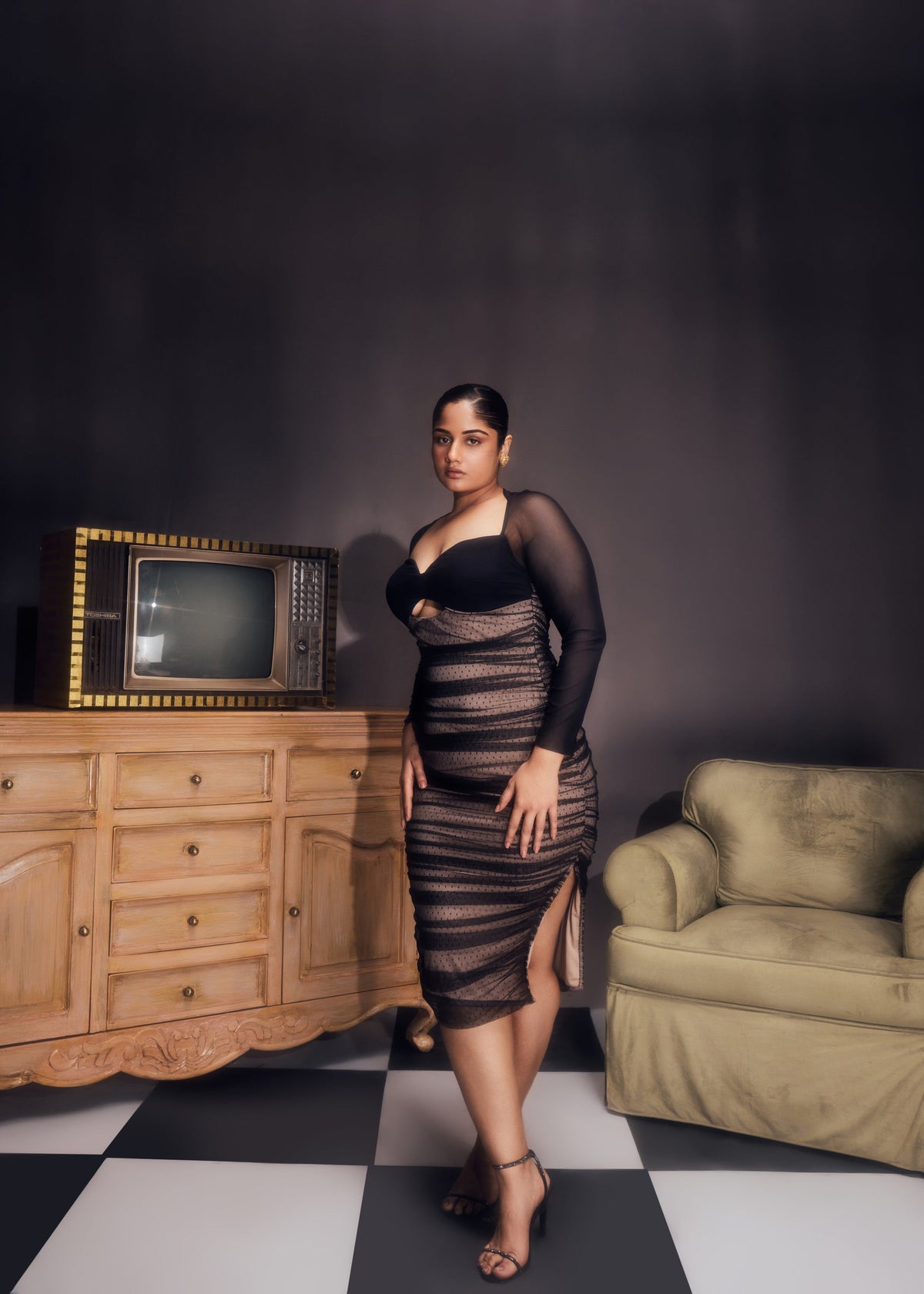Zorina Sheer Ruched Mesh Bodycon DressCL