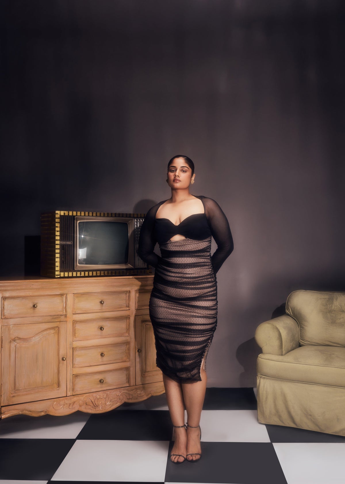 Zorina Sheer Ruched Mesh Bodycon DressCL