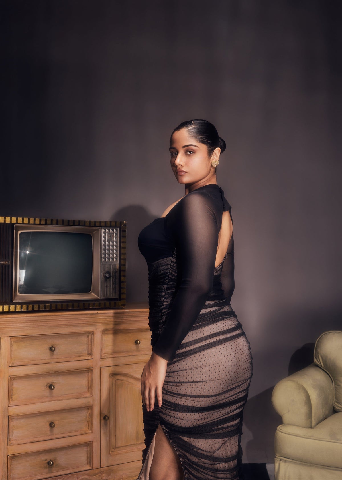 Zorina Sheer Ruched Mesh Bodycon DressCL