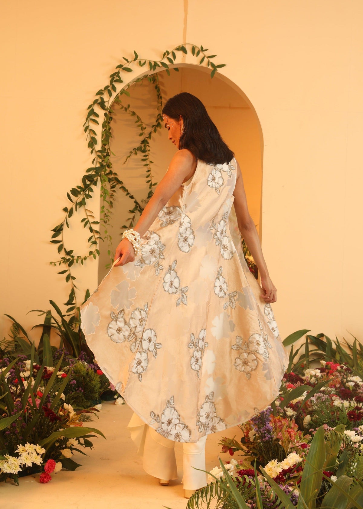 Zoya Jacquard Organza Embroidered Long Jacket