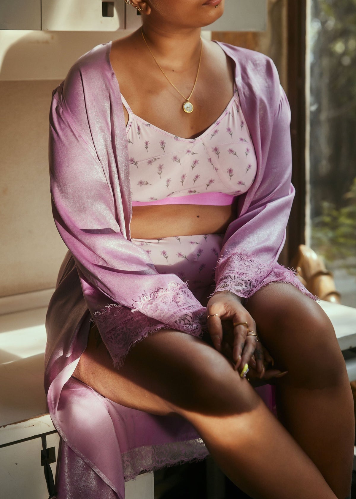 Zui Purple Satin Long Sleeves Robe
