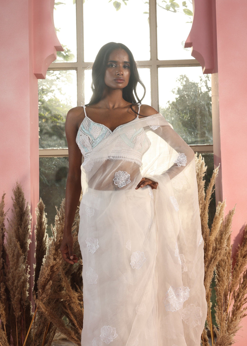Aarna White Embroidered Organza Pre-Stitched Saree