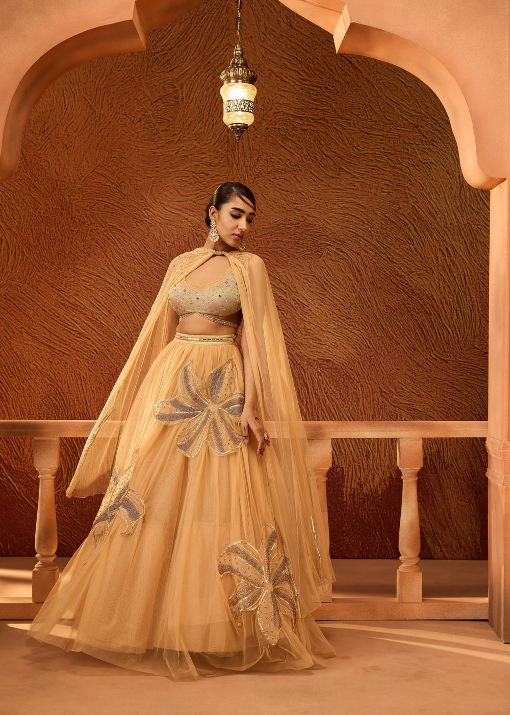 Aavani Gold Floral Embroidered Lehenga with Twisted Dupatta