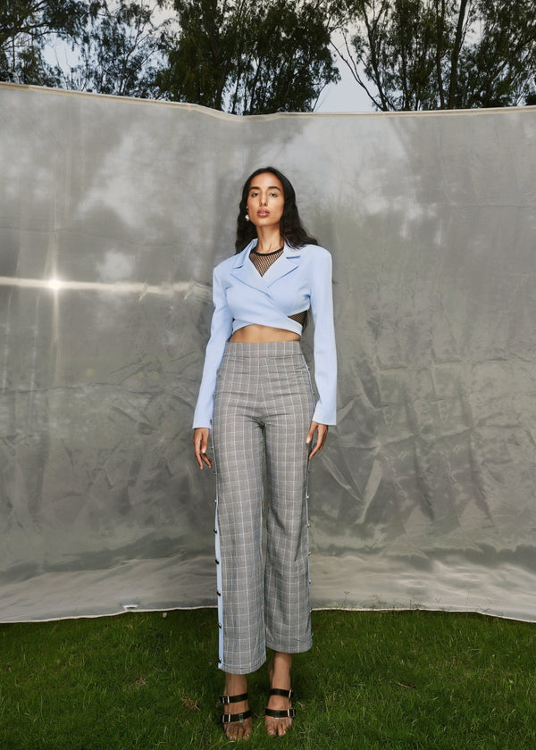 Agnes Baby Blue Blazer + Plaid Embellished Pant Set