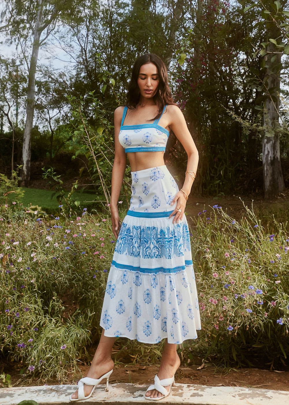 Alessa White and Blue Print + Lace Coord Set CL