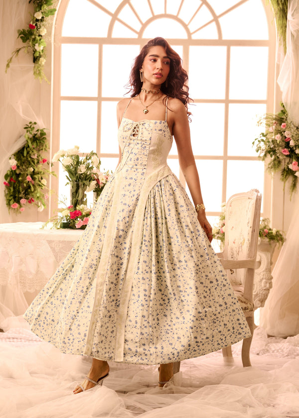 Allegra White Blue Printed Corset Maxi Dress