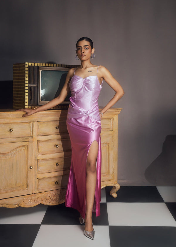 Amaranta Pink Ombre Satin Low Back Slip-Style Gown