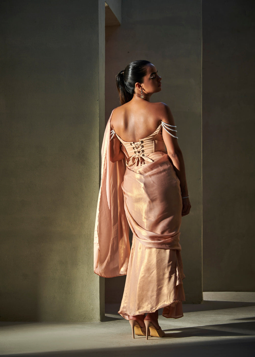 Zaina Rose-Gold Metallic Georgette Draped Saree