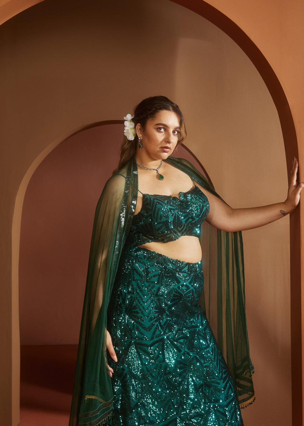 Zaitra Emerald Green Sequin Lehenga
