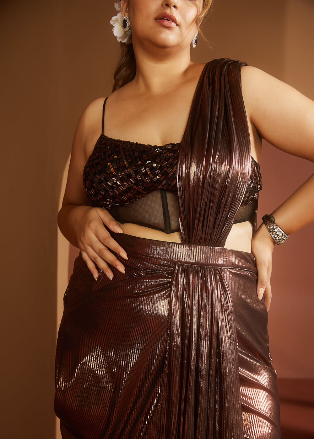 Zara Brown Metallic Pre-Draped Saree Set
