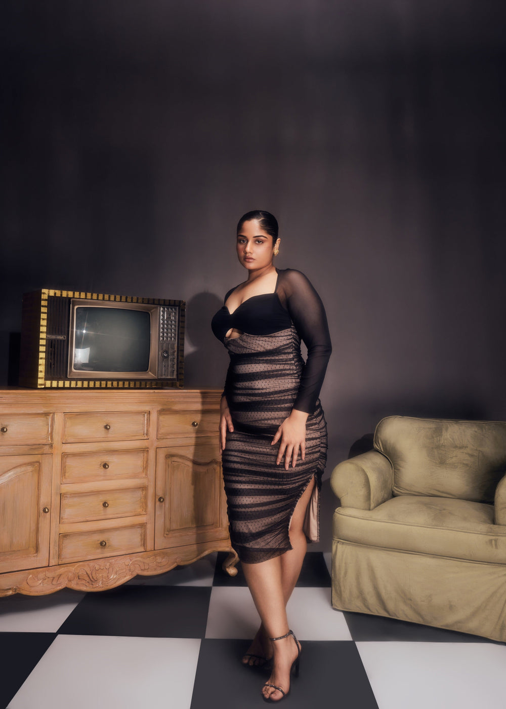 Zorina Sheer Ruched Mesh Bodycon DressCL
